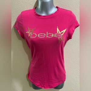 Rare Vintage Bebe Diamond Logo Fuchsia Tee with Gold Accents
